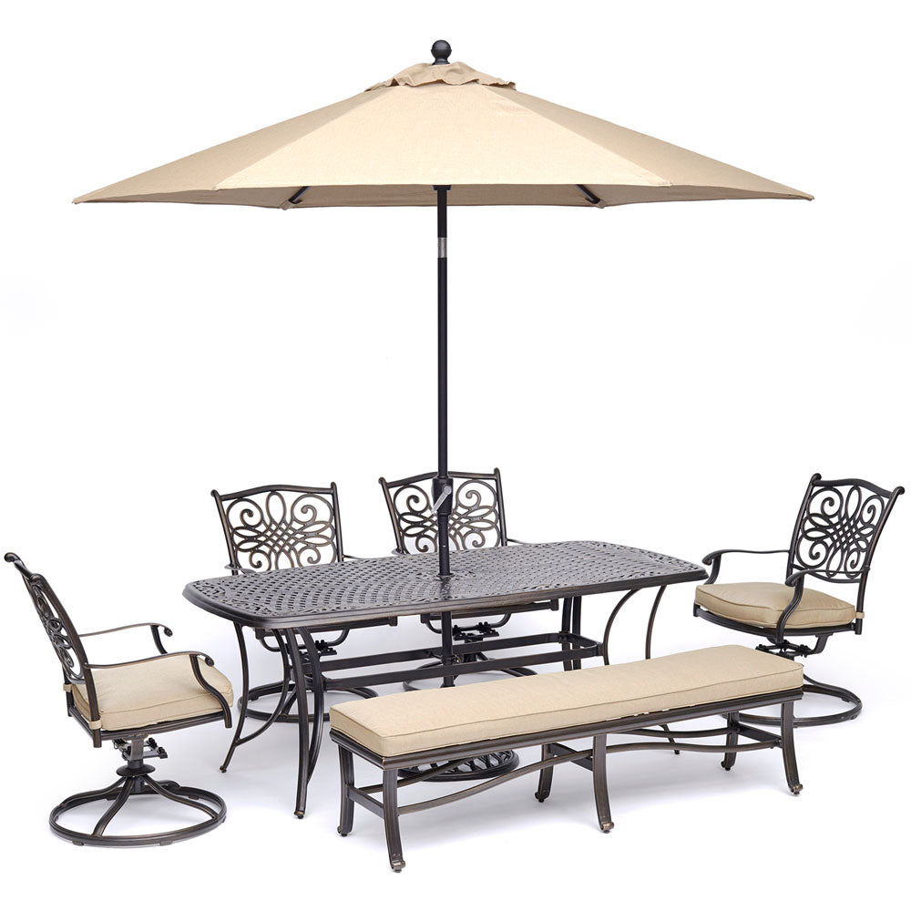 hanover-traditions-6-piece-4-swivel-rockers-backless-bench-chairs-38x72-inch-cast-table-umbrella-base-traddn6pcsw4bn-su-t