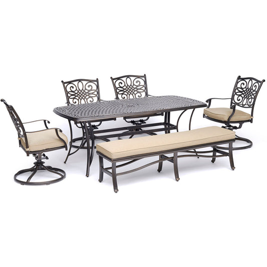 hanover-traditions-6-piece-4-swivel-rockers-backless-bench-chairs-38x72-inch-cast-table-traddn6pcsw4bn-tan