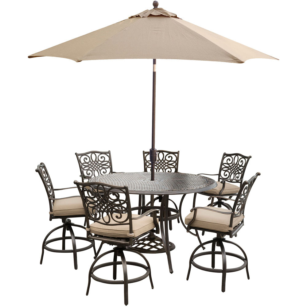 hanover-traditions-7-piece-6-counter-height-swivel-chairs-56-inch-round-cast-table-36-inch-height-umbrella-base-traddn7pcbr-su