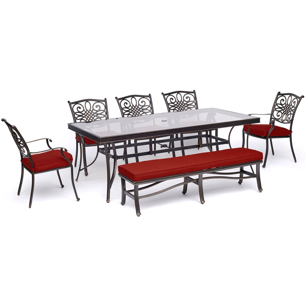 hanover-traditions-7-piece-5-dining-chairs-backless-bench-chairs-42x84-inch-glass-top-table-traddn7pcgbn-red