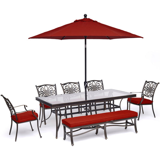 hanover-traditions-7-piece-5-dining-chairs-backless-bench-chairs-42x84-inch-glass-table-umbrella-base-traddn7pcgbn-su-r