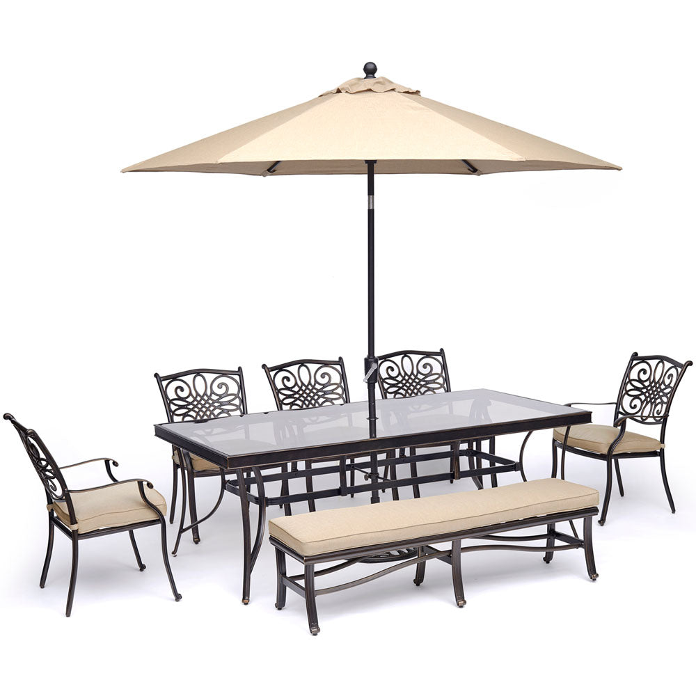 hanover-traditions-7-piece-5-dining-chairs-backless-bench-chairs-42x84-inch-glass-table-umbrella-base-traddn7pcgbn-su-t