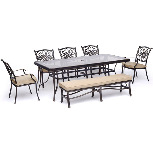hanover-traditions-7-piece-5-dining-chairs-backless-bench-chairs-42x84-inch-glass-top-table-traddn7pcgbn-tan