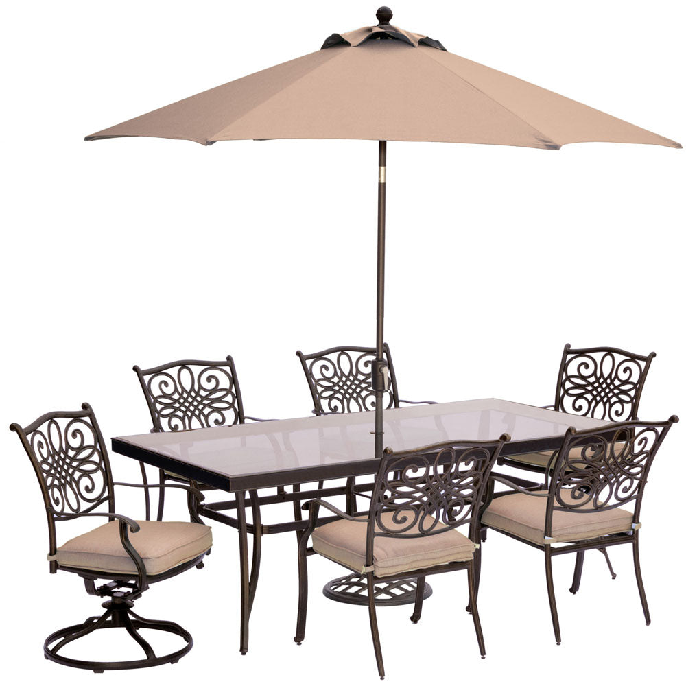 hanover-traditions-7-piece-4-dining-chairs-2-swivel-rockers-42x84-inch-glass-table-umbrella-base-traddn7pcsw2g-su