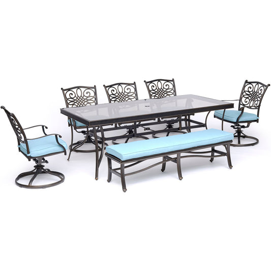 hanover-traditions-7-piece-5-swivel-rockers-backless-bench-chairs-42x84-inch-glass-top-table-traddn7pcsw5gbn-blu