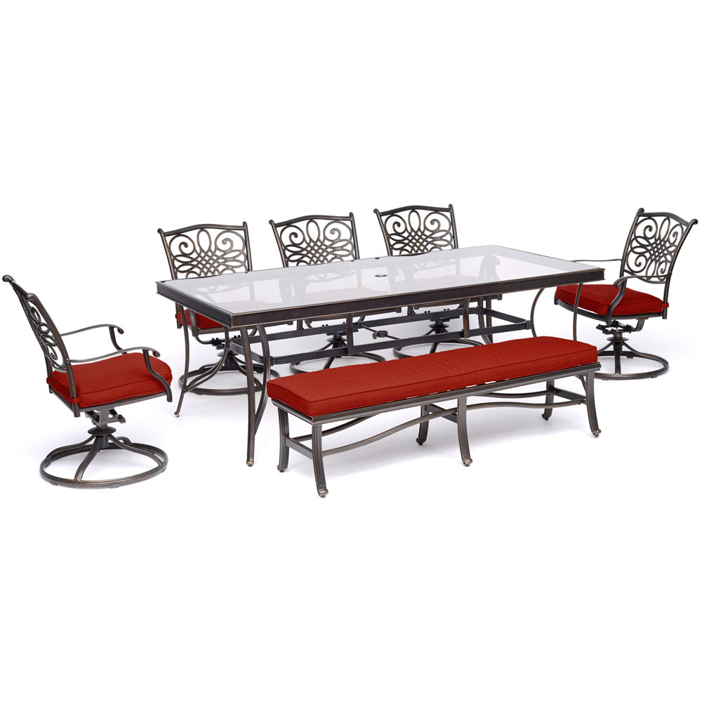 hanover-traditions-7-piece-5-swivel-rockers-backless-bench-chairs-42x84-inch-glass-top-table-traddn7pcsw5gbn-red