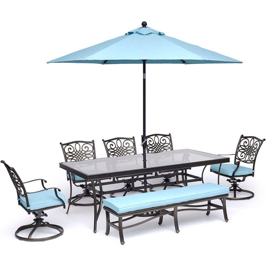 hanover-traditions-7-piece-5-swivel-rockers-backless-bench-chairs-42x84-inch-glass-table-umbrella-base-traddn7pcsw5gbn-su-b