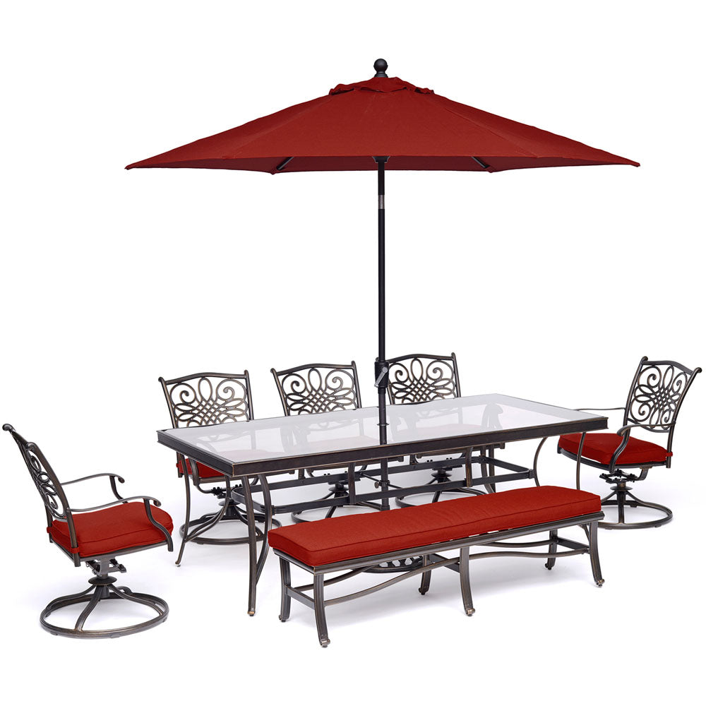 hanover-traditions-7-piece-5-swivel-rockers-backless-bench-chairs-42x84-inch-glass-table-umbrella-base-traddn7pcsw5gbn-su-r