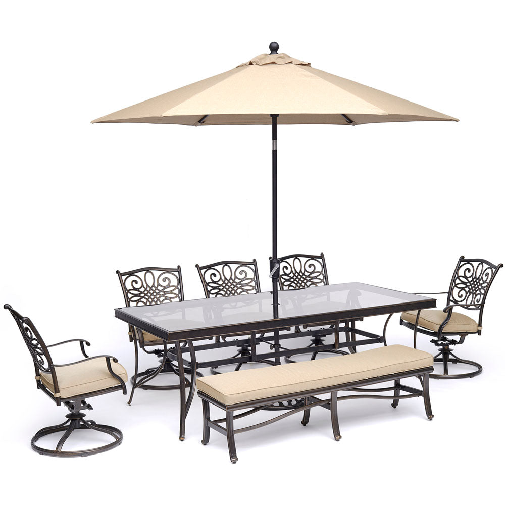 hanover-traditions-7-piece-5-swivel-rockers-backless-bench-chairs-42x84-inch-glass-table-umbrella-base-traddn7pcsw5gbn-su-t