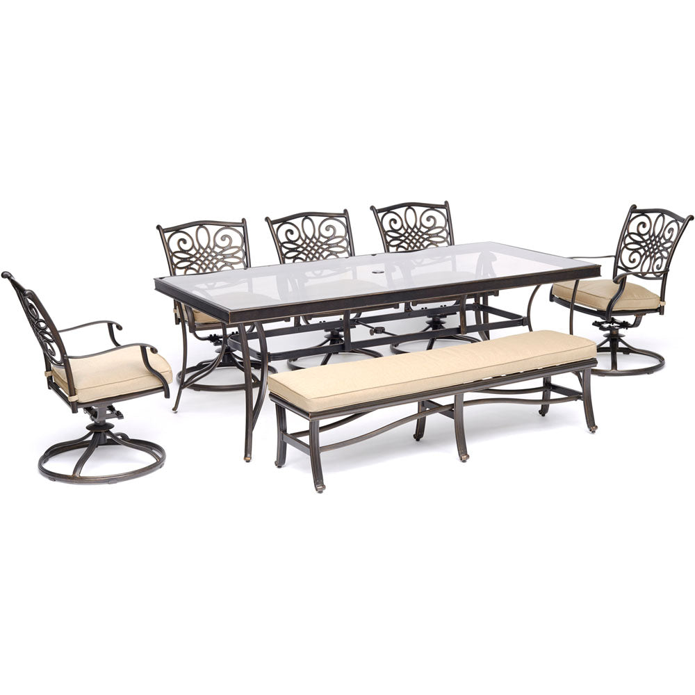hanover-traditions-7-piece-5-swivel-rockers-backless-bench-chairs-42x84-inch-glass-top-table-traddn7pcsw5gbn-tan