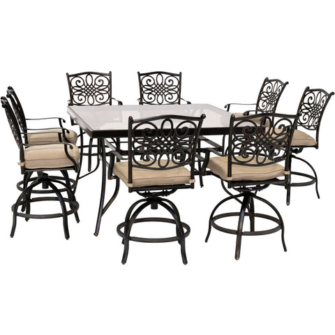 hanover-traditions-9-piece-8-counter-height-swivel-chairs-and-60-inch-square-glass-table-traddn9pcbrsqg-tan