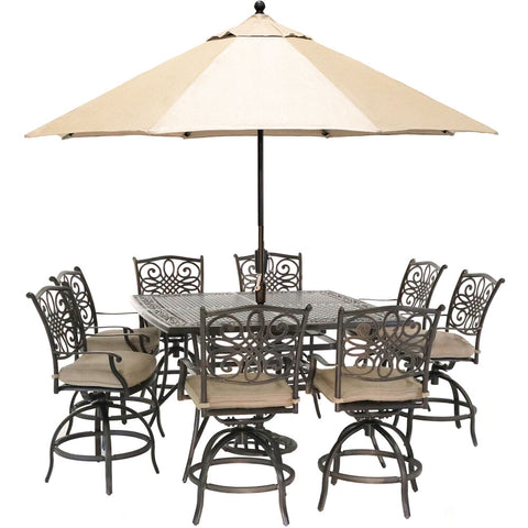 hanover-traditions-9-piece-8-counter-height-swivel-chairs-60-inch-square-cast-table-umbrella-and-base-traddn9pcbrsq-su-t