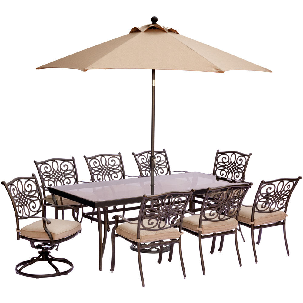 hanover-traditions-9-piece-6-dining-chairs-2-swivel-rockers-42x84-inch-glass-table-umbrella-base-traddn9pcsw2g-su