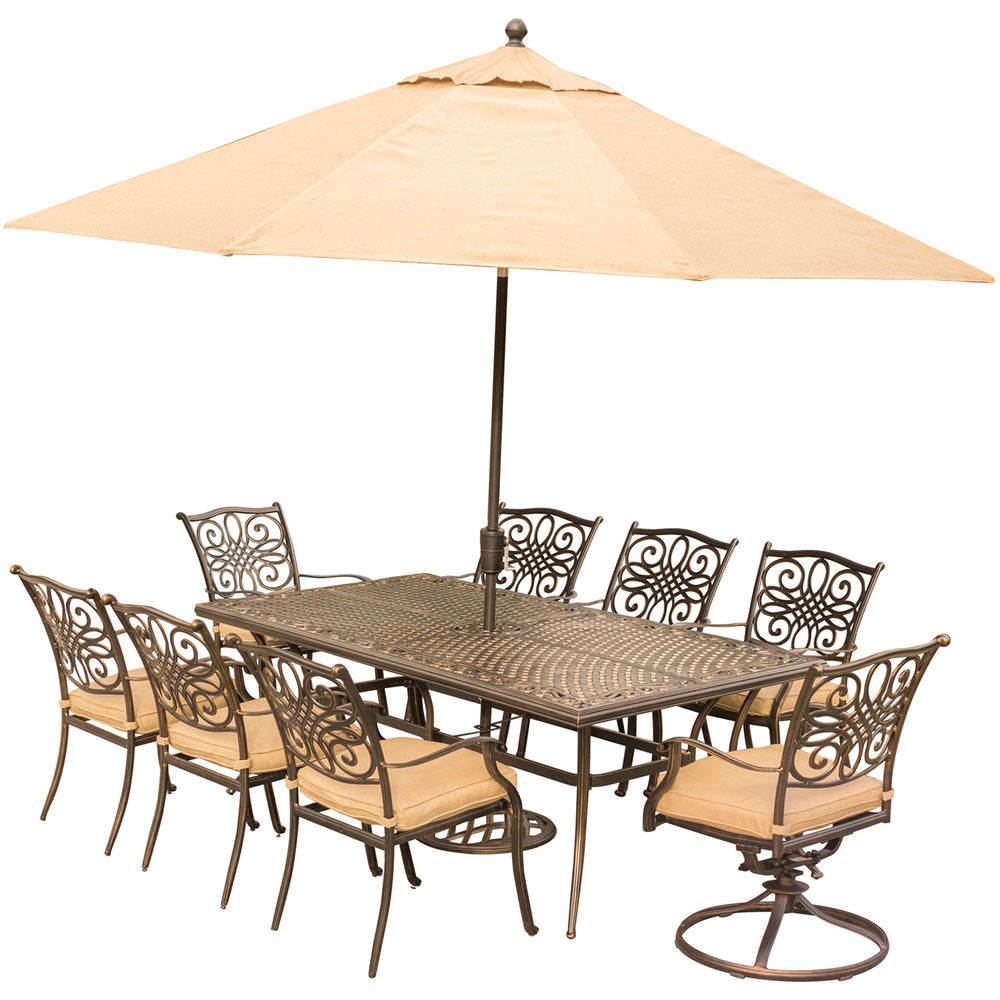 hanover-traditions-9-piece-6-dining-chairs-2-swivel-rockers-42x84-inch-cast-table-umbrella-base-traddn9pcsw2-su