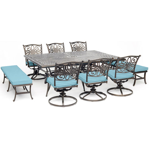 hanover-traditions-9-piece-6-swivel-rockers-2-backless-bench-chairs-60x84-inch-cast-table-traddn9pcsw6bn-blu