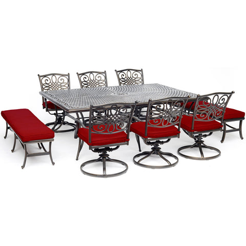 hanover-traditions-9-piece-6-swivel-rockers-2-backless-bench-chairs-60x84-inch-cast-table-traddn9pcsw6bn-red