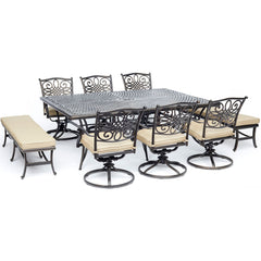 hanover-traditions-9-piece-6-swivel-rockers-2-backless-bench-chairs-60x84-inch-cast-table-traddn9pcsw6bn-tan