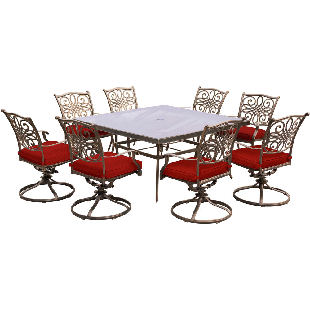 hanover-traditions-9-piece-8-swivel-rockers-60-inch-square-glass-top-table-traddn9pcswsqg-red
