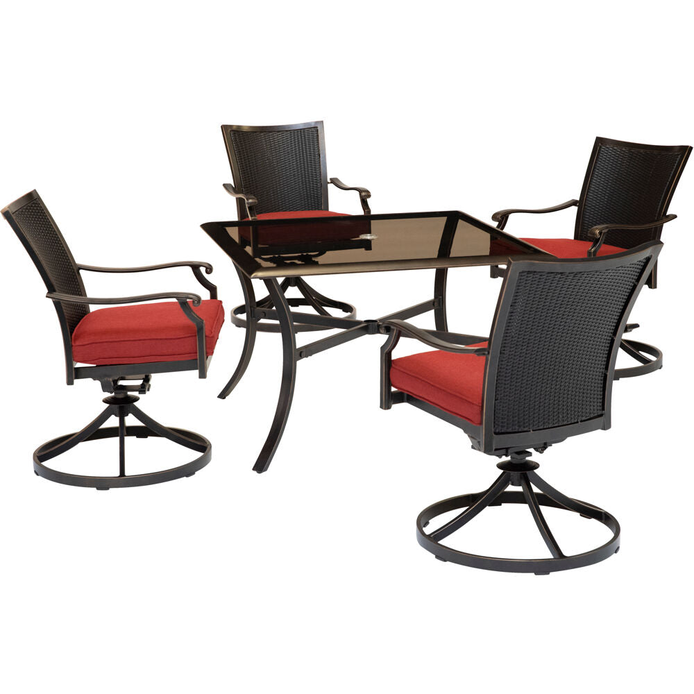 hanover-traditions-5-piece-4-wicker-back-swivel-rockers-42-inch-square-glass-table-traddnwb5pcswsqg-red