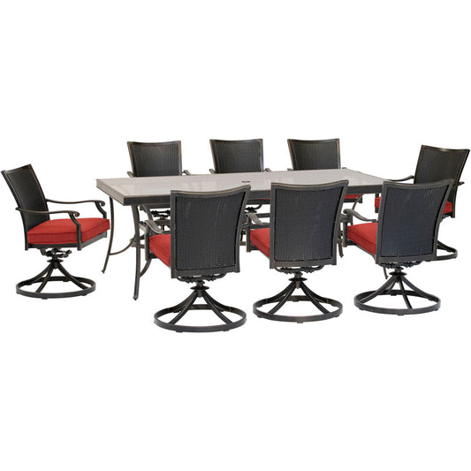 hanover-traditions-9-piece-8-wicker-back-swivel-rockers-42x84-inch-glass-table-traddnwb9pcswg-red